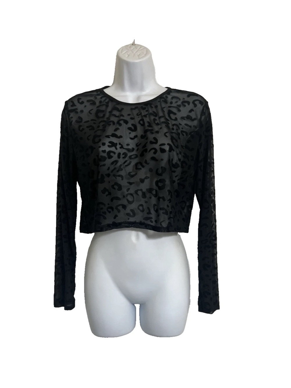 Black Leopard Sheer Mesh Burnout Long-Sleeve Cropped Top